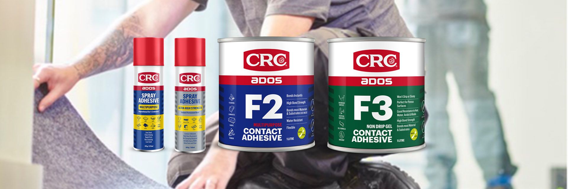 man laying carpet with product images of CRC adhesives